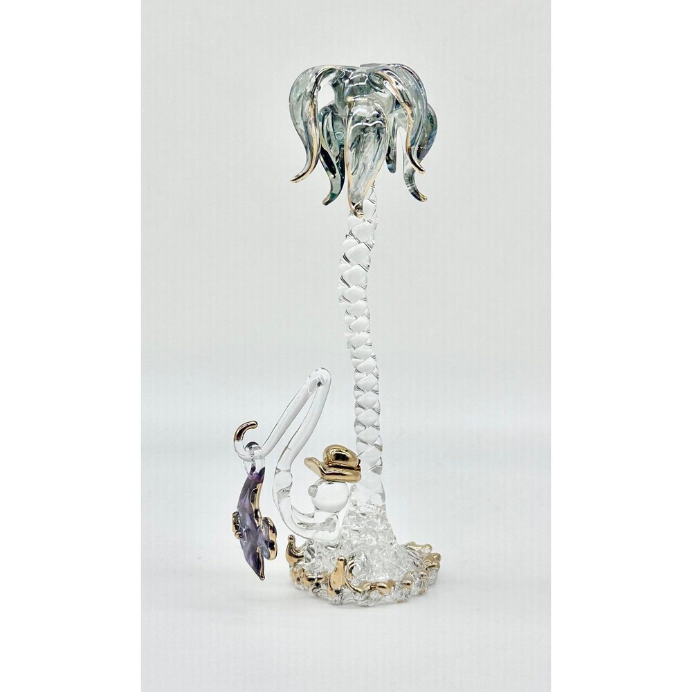 Delicate Hand-blown Glass Fisherman Purple Fish and Gold Twisted Palm Tree
